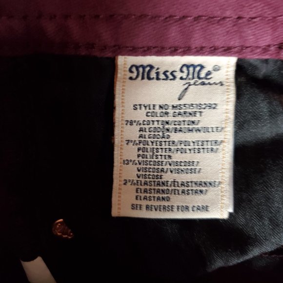 Miss Me Mid Rise Skinny 25 (Meas 26x29 7" Low Rise) Burgundy Denim EUC Jeans A21 - Picture 8 of 9